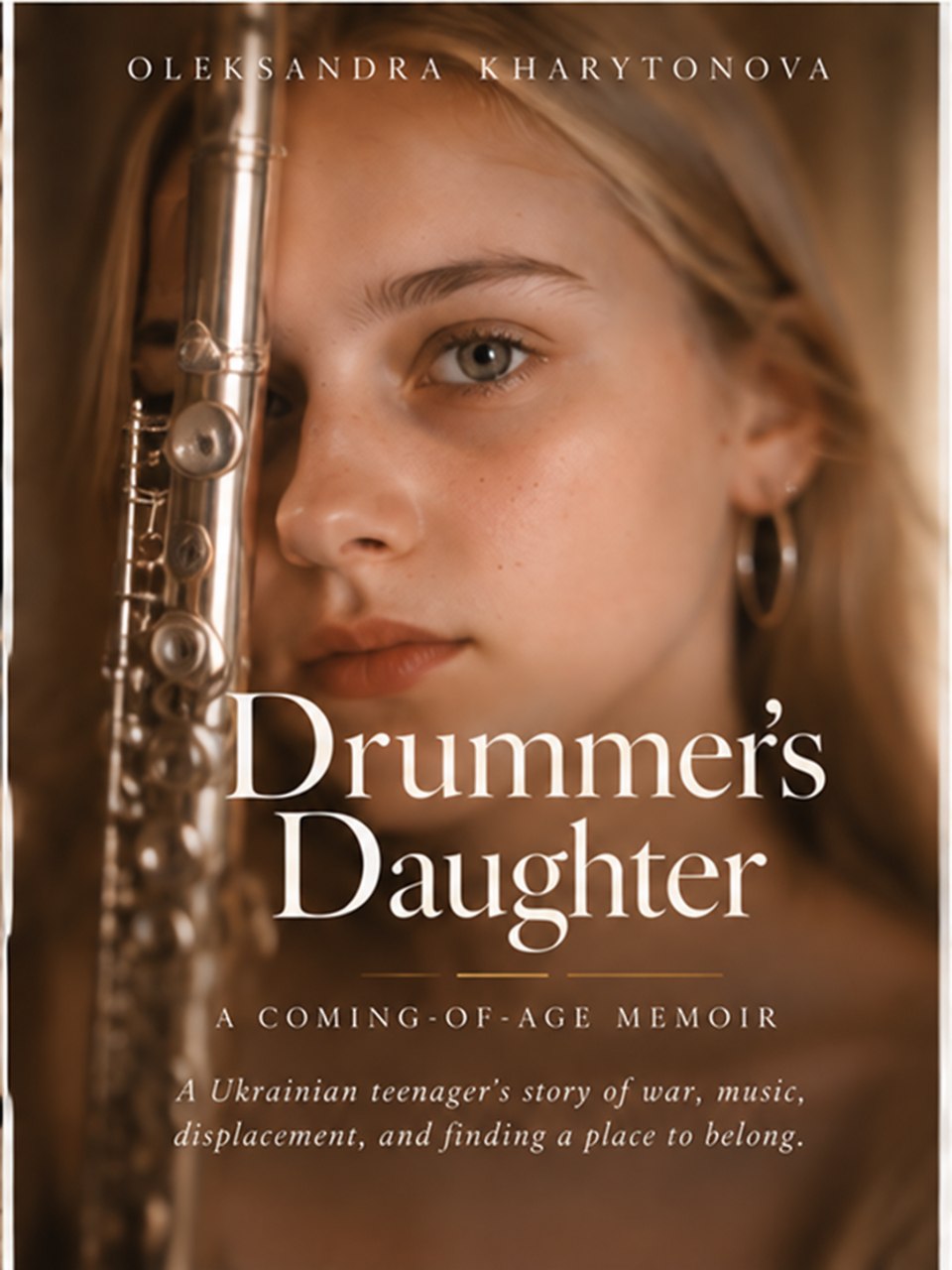 Cover of Drummer’s Daughter by Oleksandra Kharytonova: the author holding a flute beside her face